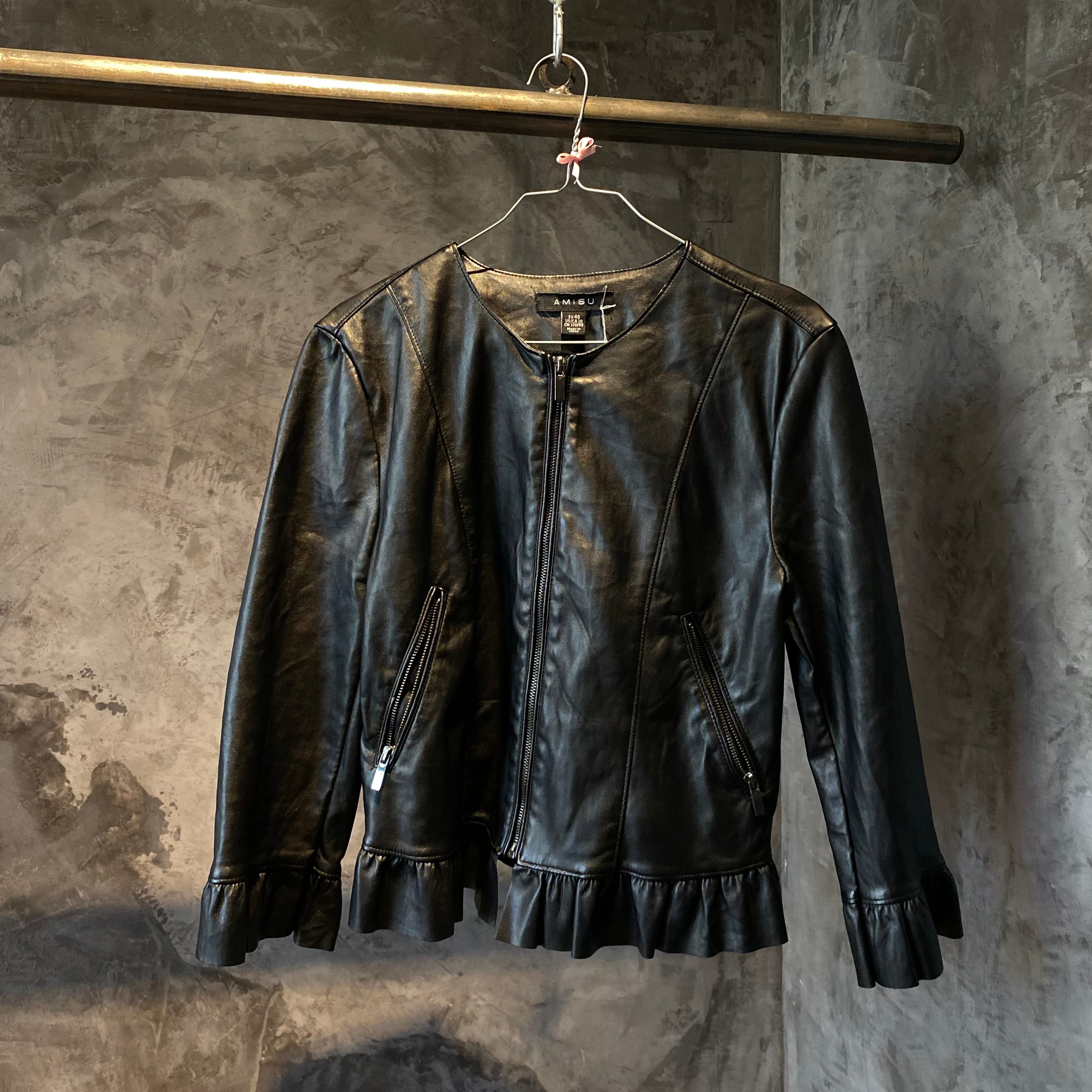 Faux Leather Jacket with Ruffles